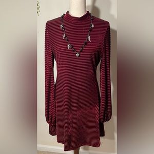 Lulus, Ticket to Chic Burgundy Striped Velvet Balloon Sleeve Dress, Size Medium
